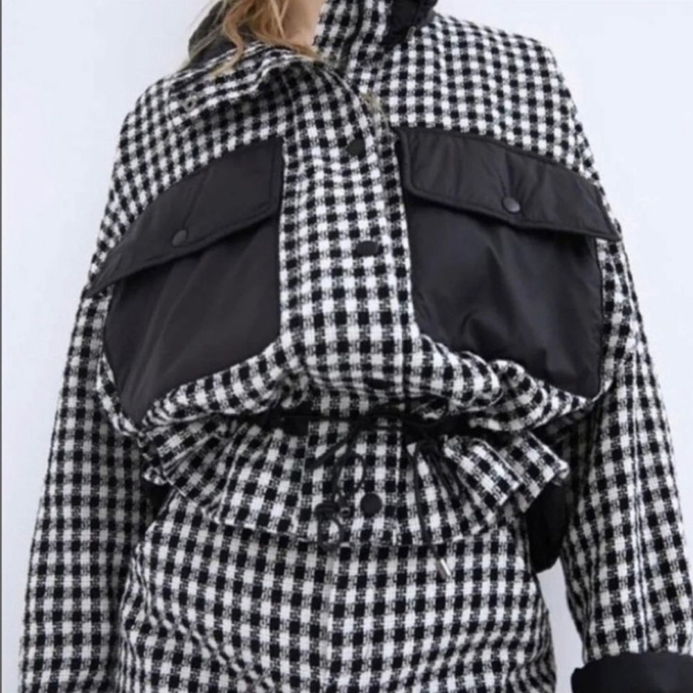 Zara Checkered Tweed Bomber Jacket Size M Oversized Twee Old Money‎